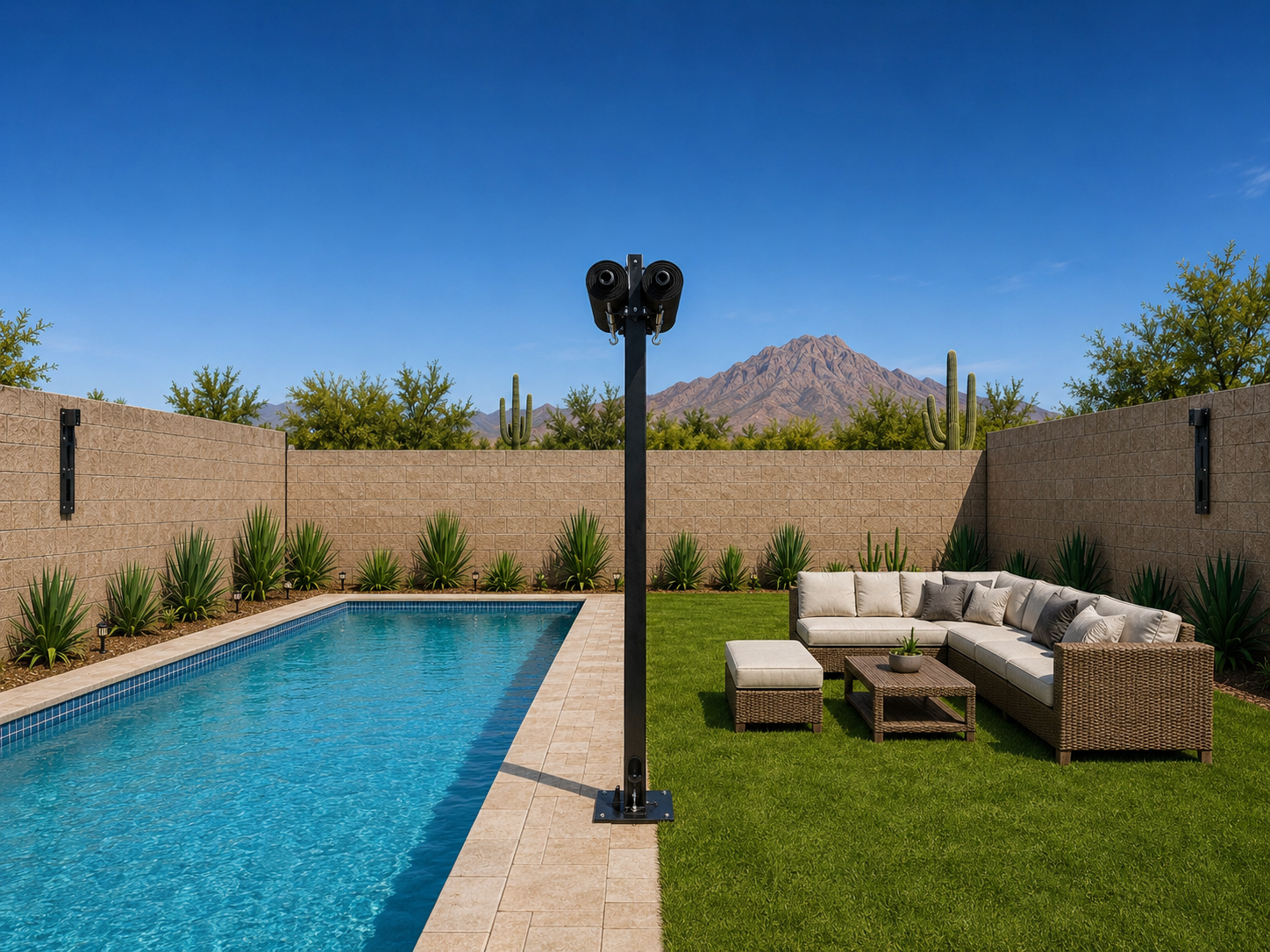 ShadeLock™ Backyard Shade System — before installation, center support post visible