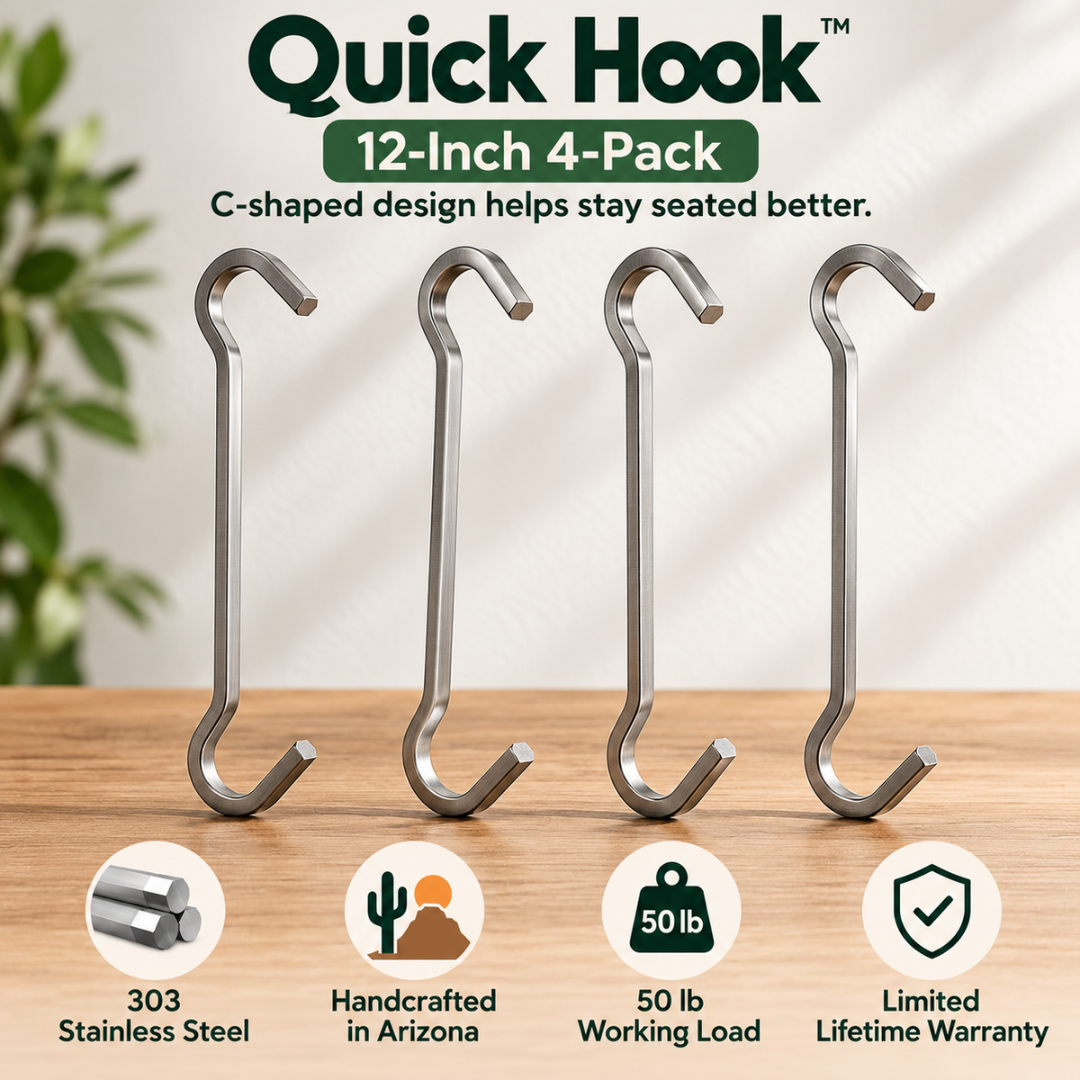 Quick Hook™ 9-Inch Four-Pack – C-Shaped Stainless-Steel Hanging Hooks